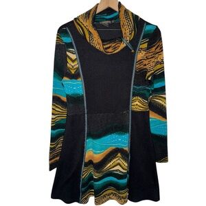 Y2K Boho Earthy Long Sleeve Mini Sweater Dress Cowl Neck Grunge Fairy